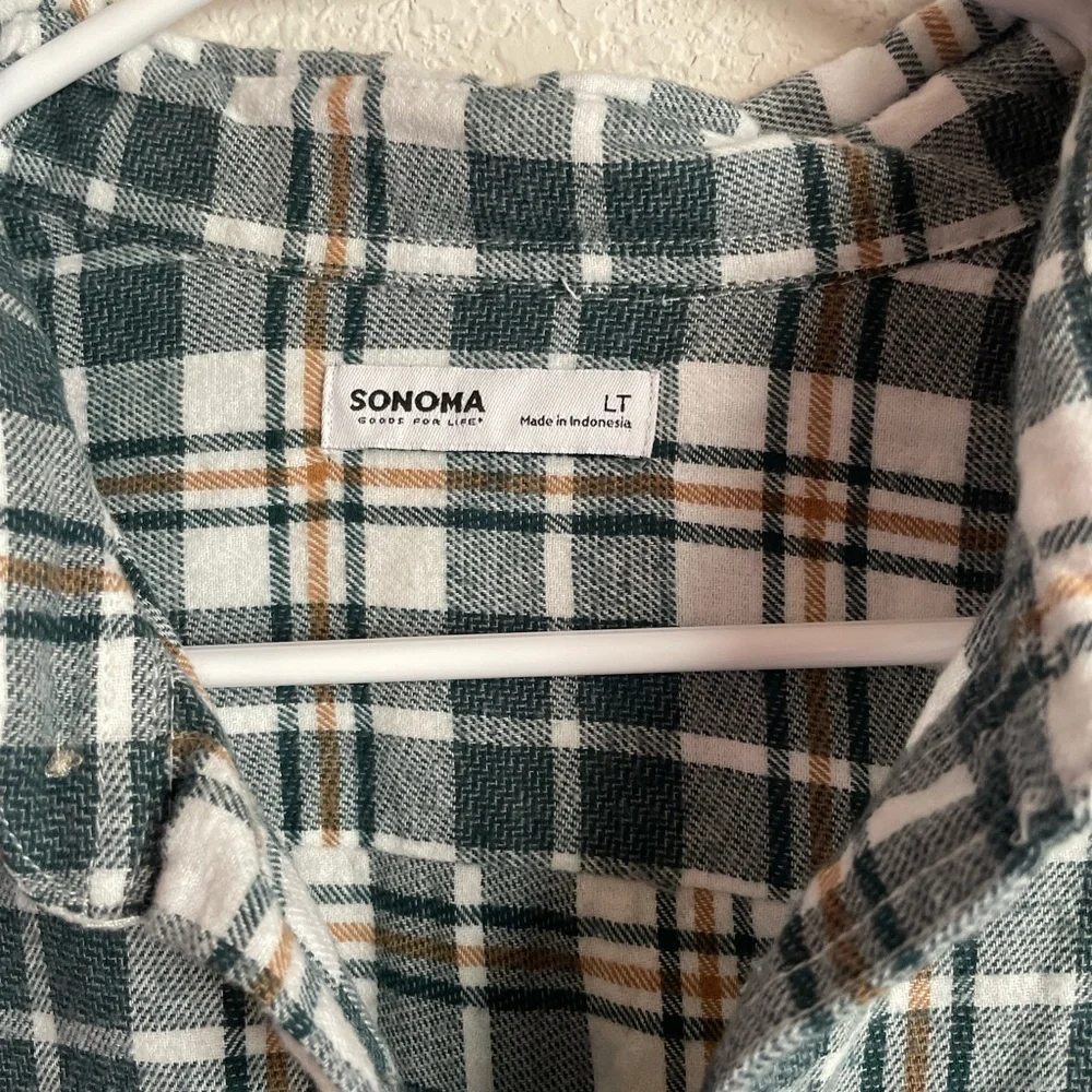 Sonoma Forest Green and Cream Plaid Flannel Men's Shirt 100% Cotton size LT